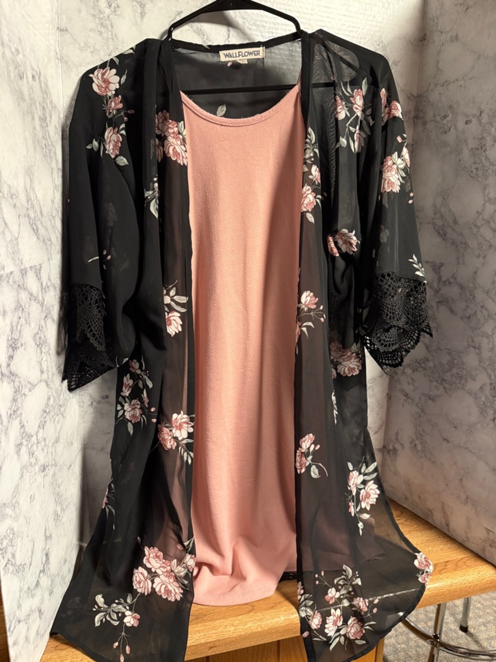 Wallflower Black Sheer Floral cover with Pink Slip